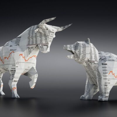 paper bull and bear graphic depicting greed and fear investing